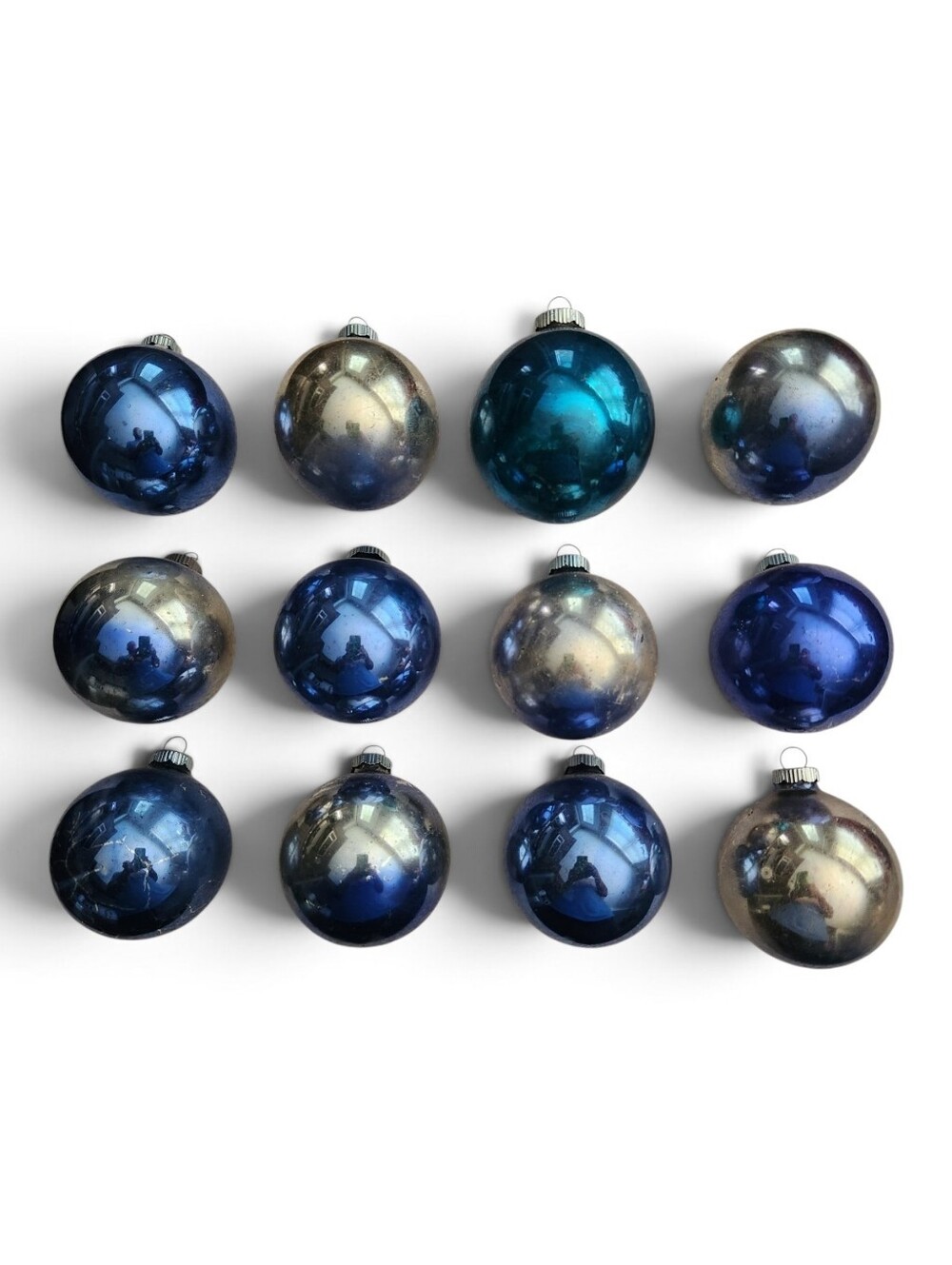 12 Vintage Shiny Brite Blue Glass Christmas Ornaments